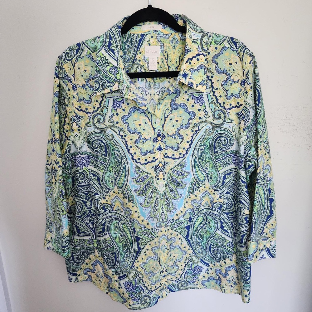 CHICO'S SZ 3 XL NO IRON PAISLEY PRINT BUTTON DWN TOP BLUE YELLOW